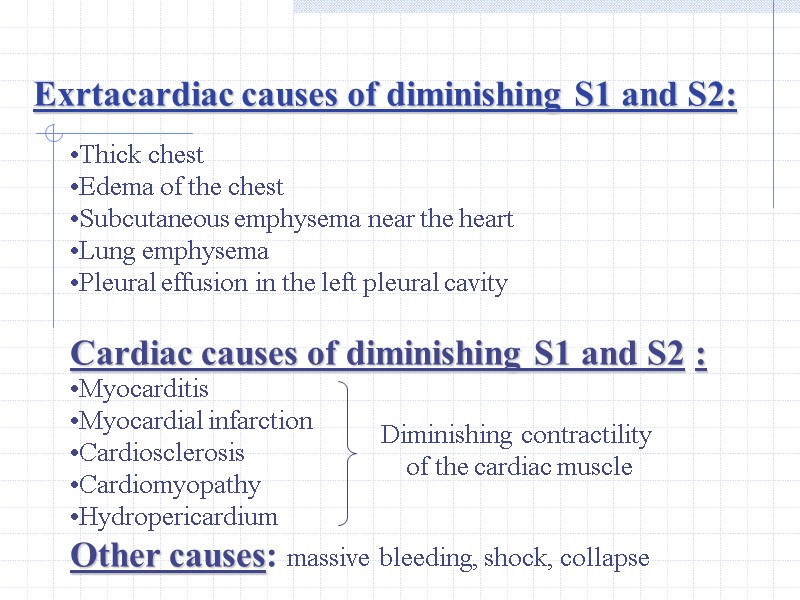 Exrtacardiac causes of diminishing S1 and S2: Thick chest Edema of the chest Subcutaneous